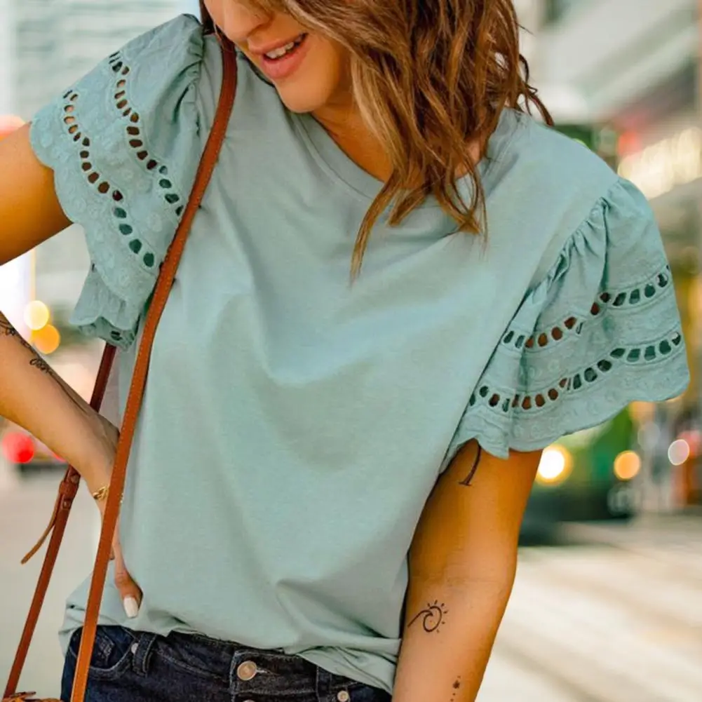 

Lightweight High-quality Sweet Hollow Out Solid Color T-shirt Streetwear Summer Blouse Round Neck for Home