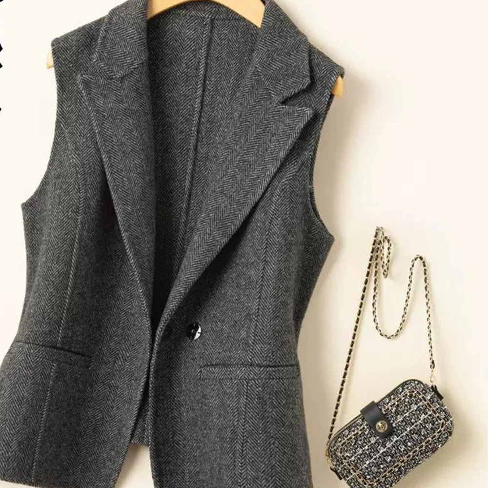 

Women's Vest Herringbone Pattern Double-sided Wool Vest Lapel Sleeveless Coat 2023 New Fashion Ladies Clothing