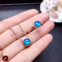 meibapj natural blue opal gemstone simple ring and necklace 2 siut for women real 925 sterling silver fine jewelry set
