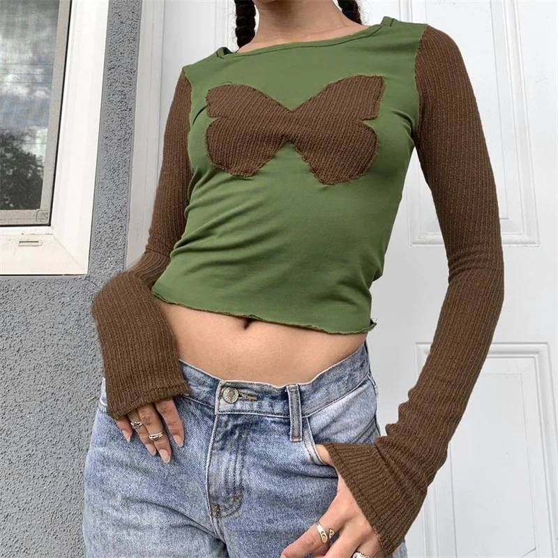 

Women's Round Neck Crop Tops, Butterfly Graphic Patchwork Long Sleeve Slim Fit T-Shirts