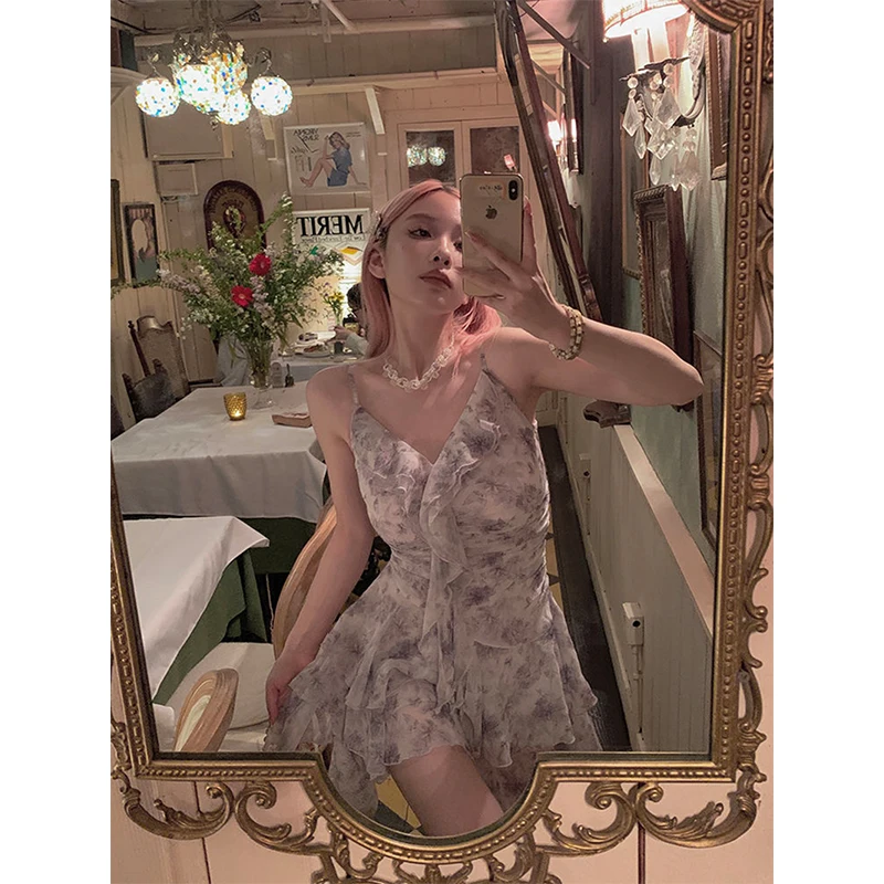 Милое цветочное мини-платье женские корейские платья на бретелях-спагетти с