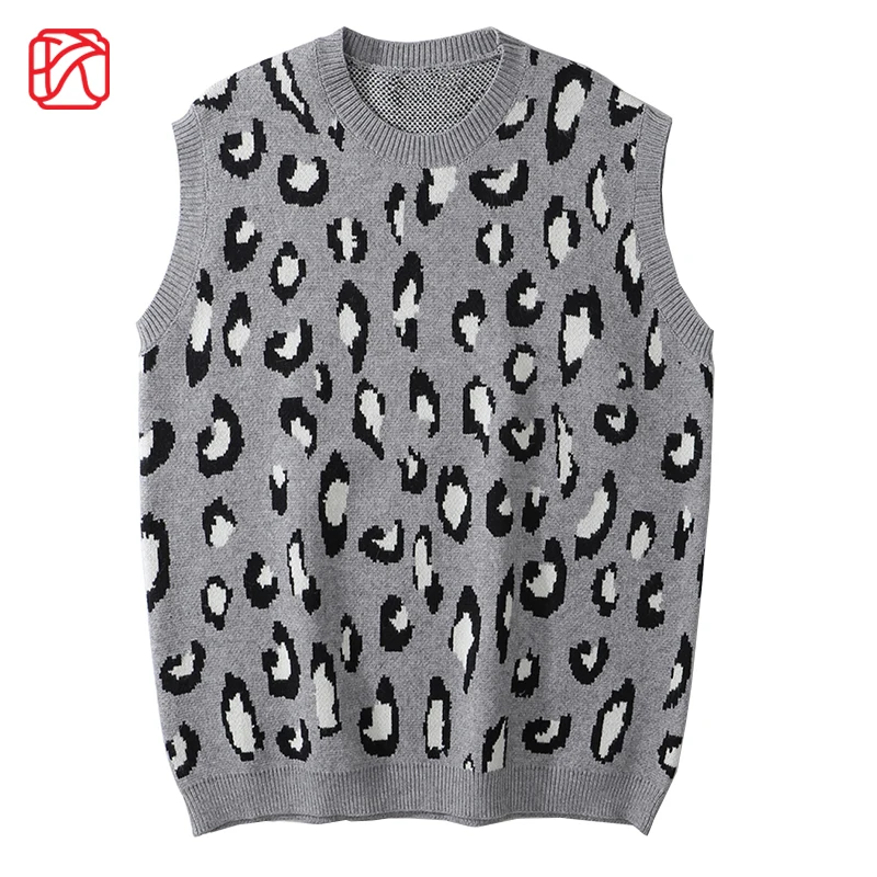

Men's Sweaters Harajuku Leopard Print Knitted Sweater Contrast Sleeveless Sweater Vest Embroidered Streetwear Pullover Waistcoat