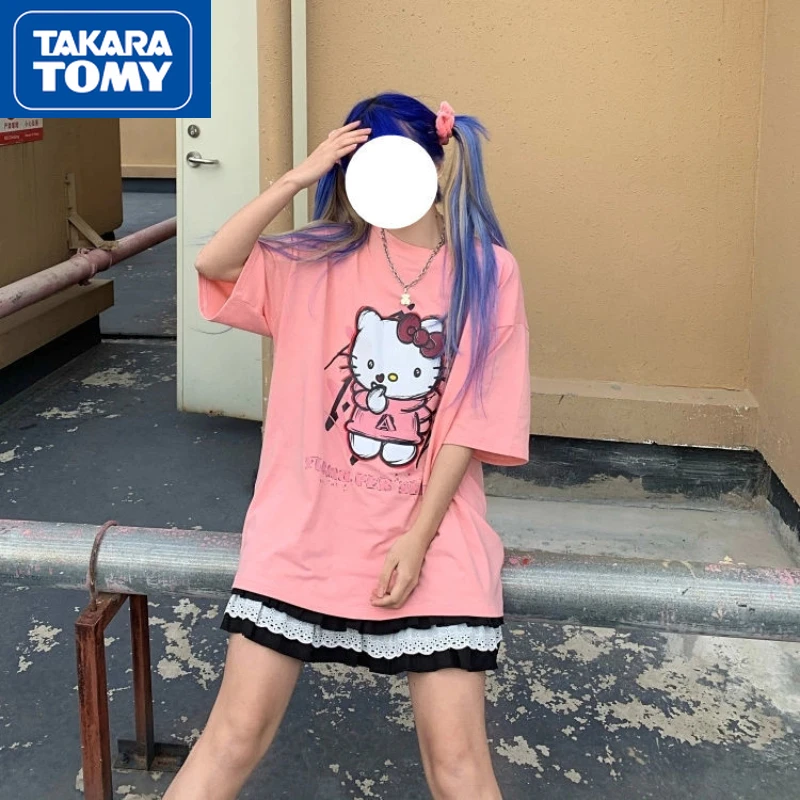 TAKARA TOMY летняя Милая дышащая футболка с коротким рукавом для девушек Hello Kitty