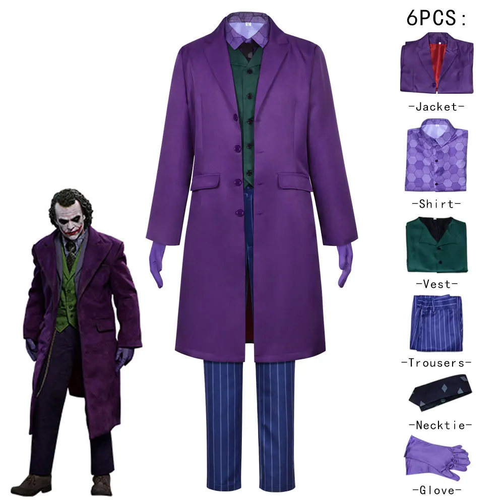 

Костюм для косплея Темного рыцаря Джокера, костюм из фильма «Джокер хит», костюм Ledger, фиолетовая куртка, Униформа, карнавальный наряд на Хэллоуин