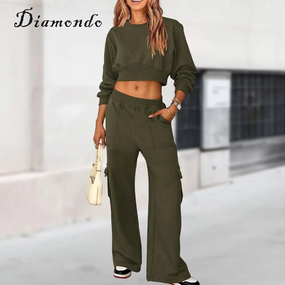 

Женский комплект из двух предметов, короткий топ с круглым вырезом и брюки с широкими штанинами