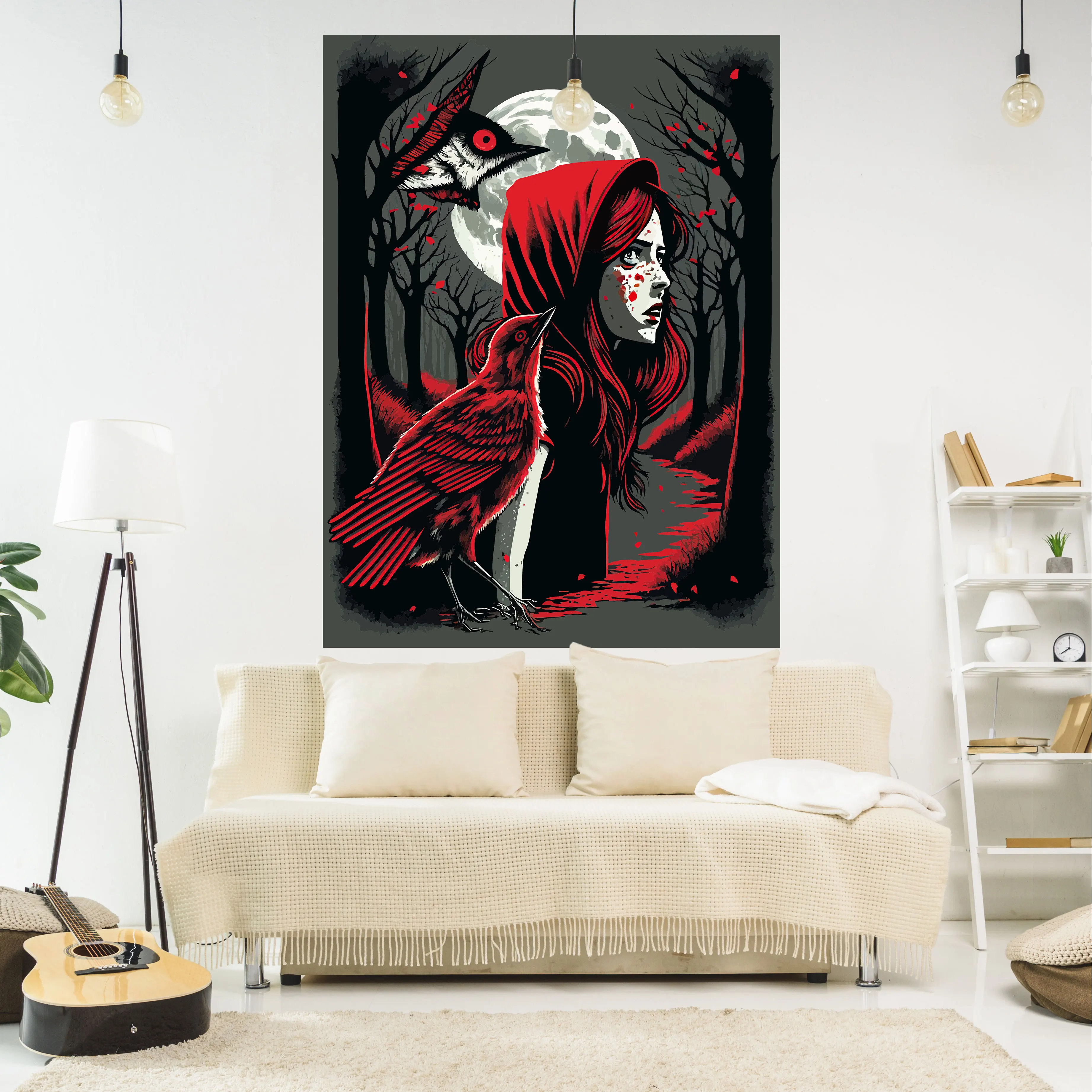 

QdDeco Little Red Riding Hood Tapestry Moon And Black Birds Printed Wall Hanging Carpets Cool Girl Bedroom Decoration Home Decor