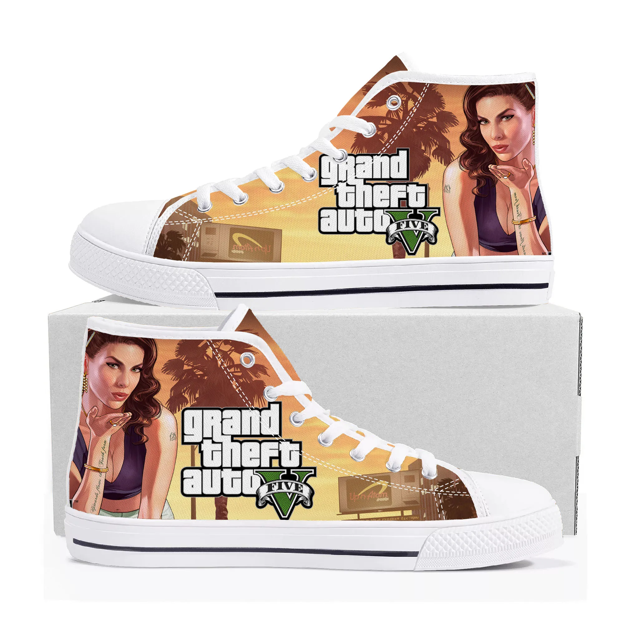 

Высокие кроссовки с героями мультфильмов Grand Theft Auto GTA V 5, мужские и женские подростковые холщовые кроссовки, повседневная обувь для пар, обувь на заказ