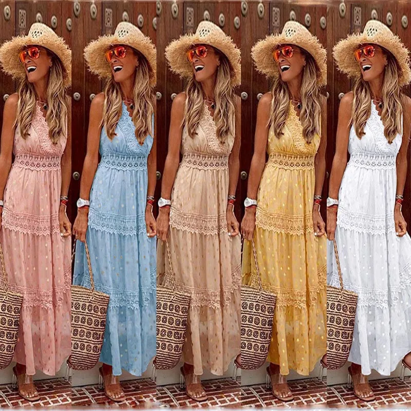 

Summer dress women's new V-neck lace dress long skirt