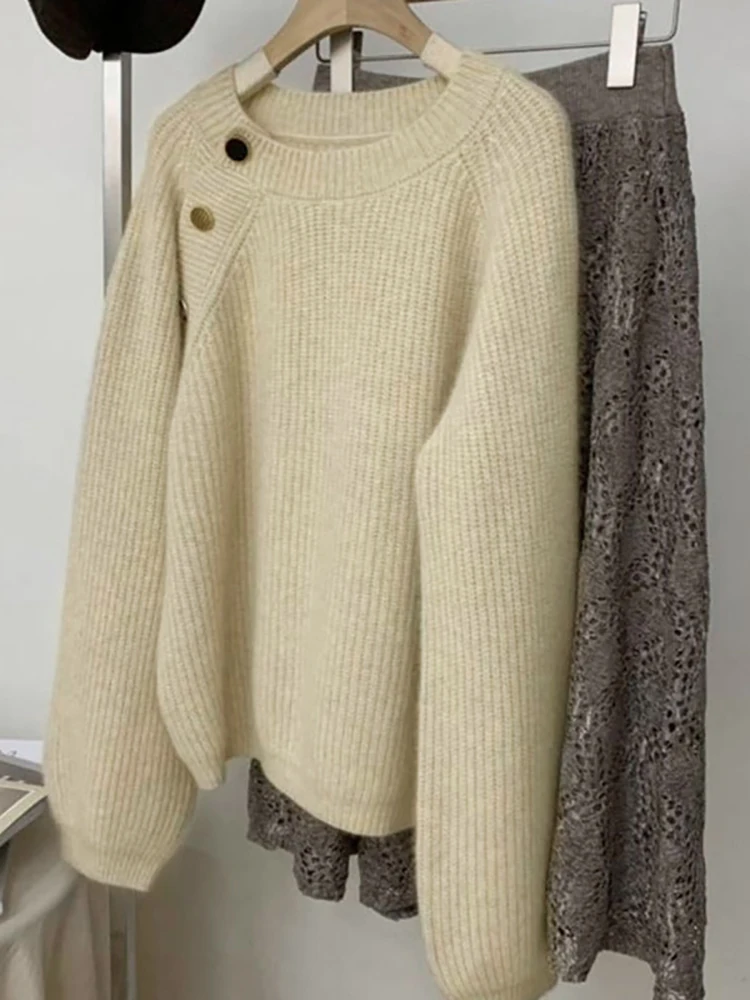AOSSVIAO 2024 женский модный с ребристой отделкой Свободный вязаный свитер винтажные