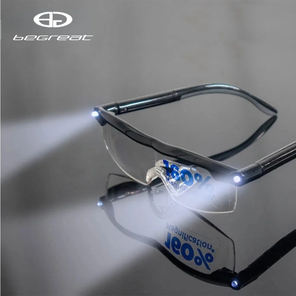 BEGREAT 160% Glasses with LED Magnifying Eyewear Men Reading Eyeglasses LED Light Power Zoom Glasses Night Vision Women Eyewear