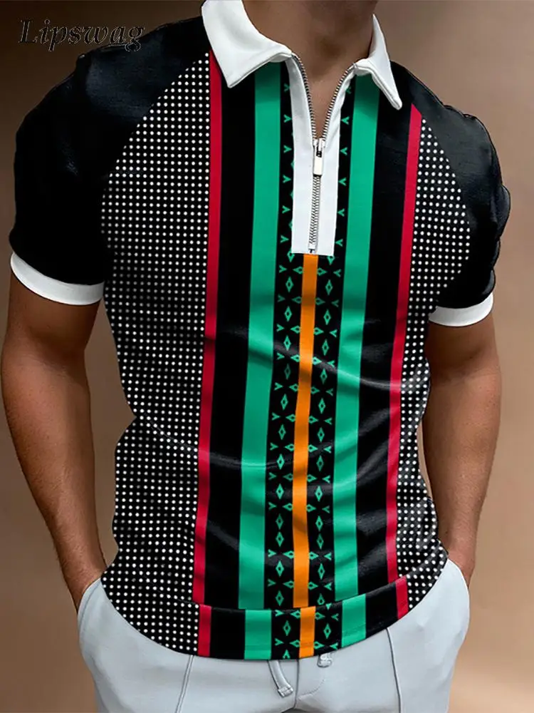 

New Fashion Printing Patchwork Mens Clothes Casual Short Sleeve Polo Shirts Zippers Turn-down Collar Tops Summer Men Streetwear