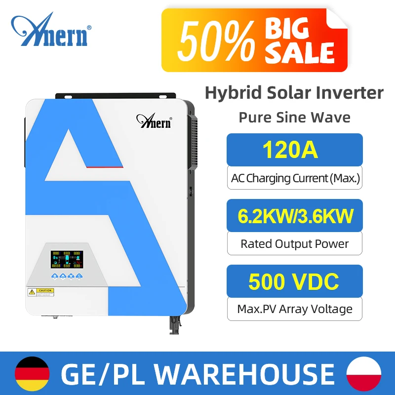 

6.2KW 3.6KW On-grid&Off Grid Inverter 24V 48V to 230VAC MPPT 120A Output Max Solar Panel 500VDC Input for Lifepo4 Solar Battery