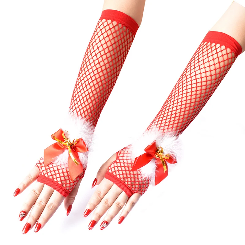 

Sexy Long Fishnet Gloves With Feather Bowknot Exquisite Small Bells Fishnet Stockings Mitten Women Christmas Glove Party Costume