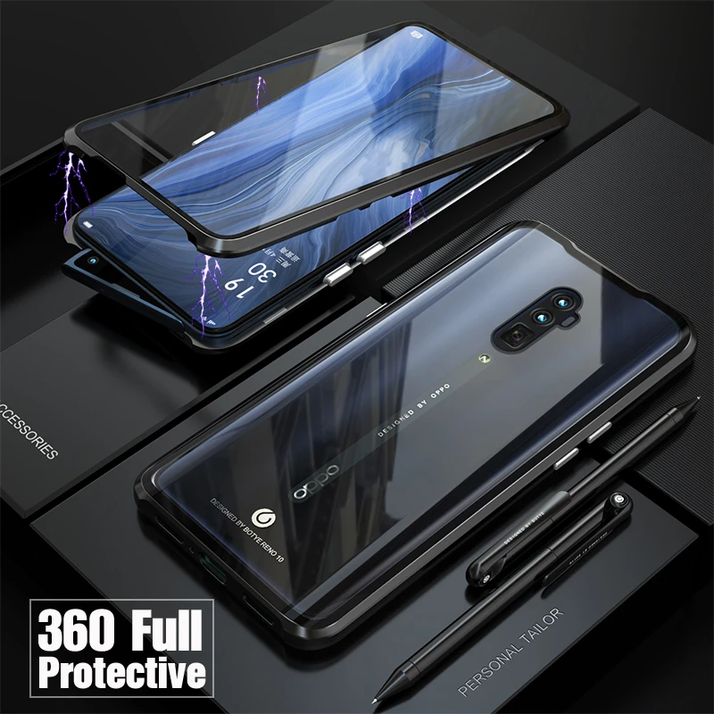 Luxury Magnetic Adsorption Metal Bumper Phone Case For OPPO Reno Z 10X Zoom Cover Double Side Glass 360 Full Body Reno Z Fundas