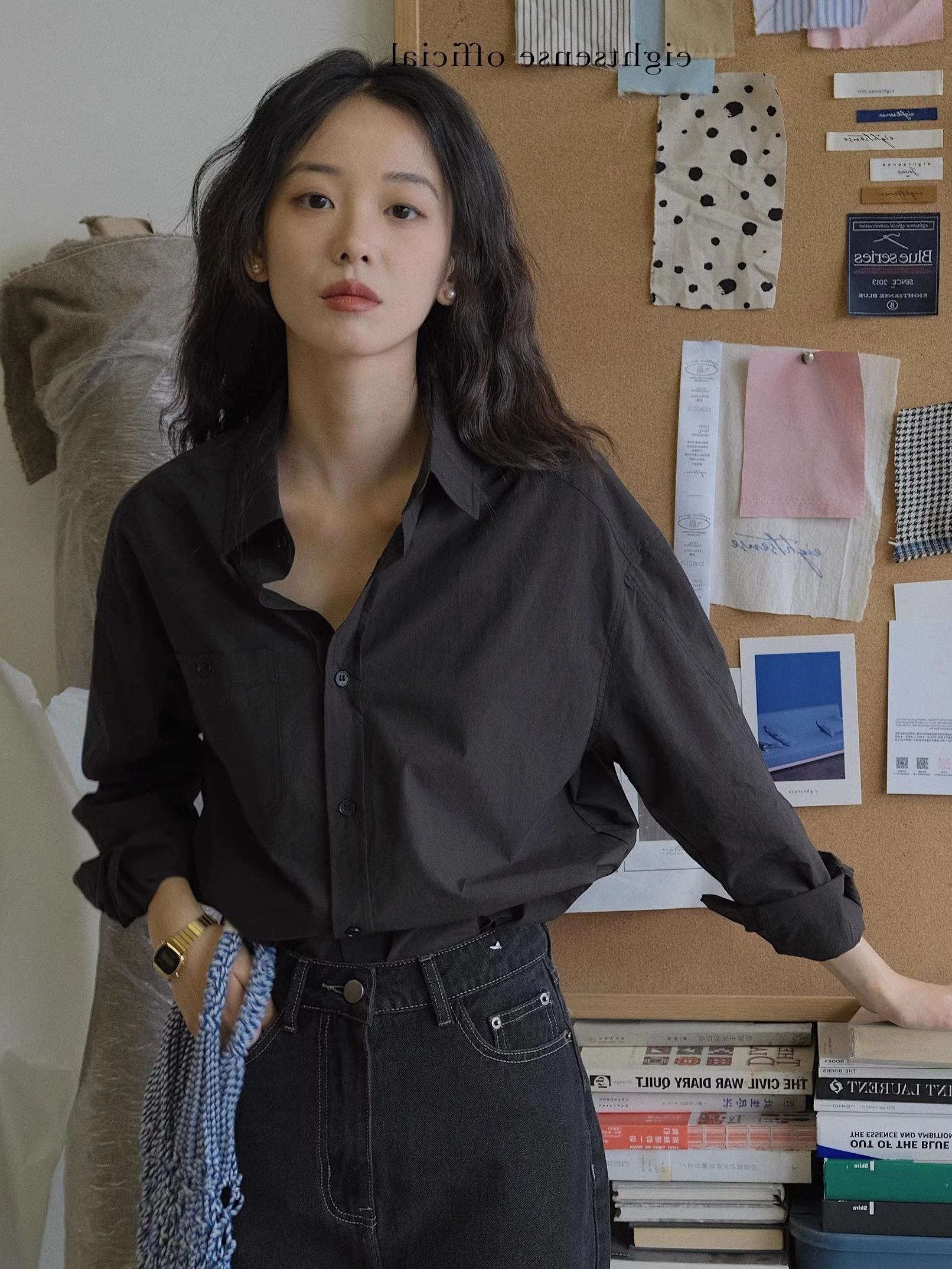 Spring and Autumn New French sle Retro Unique Loose Slimming Black Shirts Women's Long-Sleeved Stacked Outdoor Mysterious S...