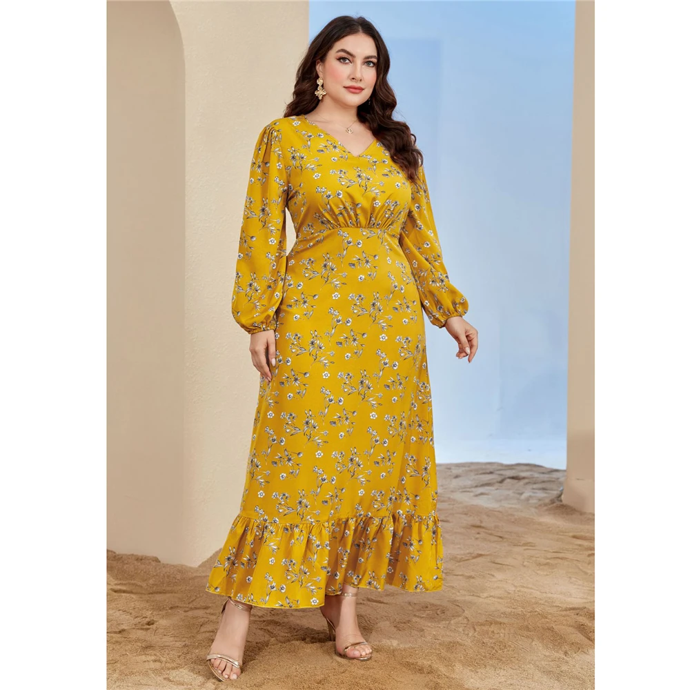 

Fashion Women Floral Print High Waist Maxi Dress Ruffles Abaya Muslim Kaftan Plus Size Eid Ramadan Islamic Clothing Robe Caftan