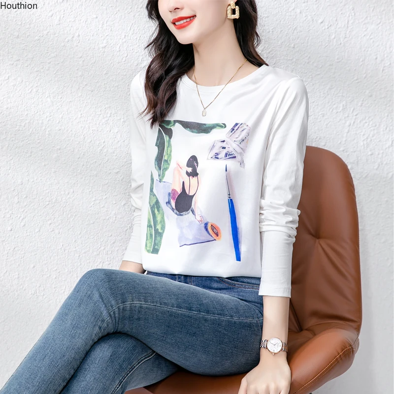 

Летняя новая женская футболка с круглым вырезом Топ с длинным рукавом футболки с принтом атласная Футболка модная Свободная Женская одежда...