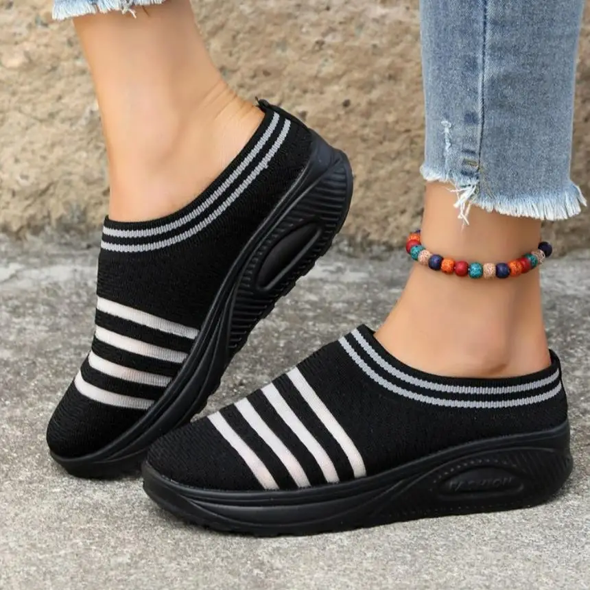 

Fashion Striped Knitted Loafers Shoes Women Slip on Casual Walking Shoes Woman Breathable Platform Wedge Sneakers Plus Size 42