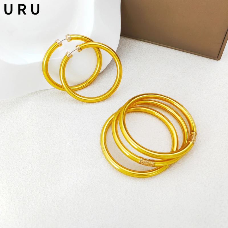 

Modern Jewelry Sets Bangle Cuffs Earrings Simply High Quality Brass Thick Gold Color Metal Hoop Earring Cuff Bangle For Women