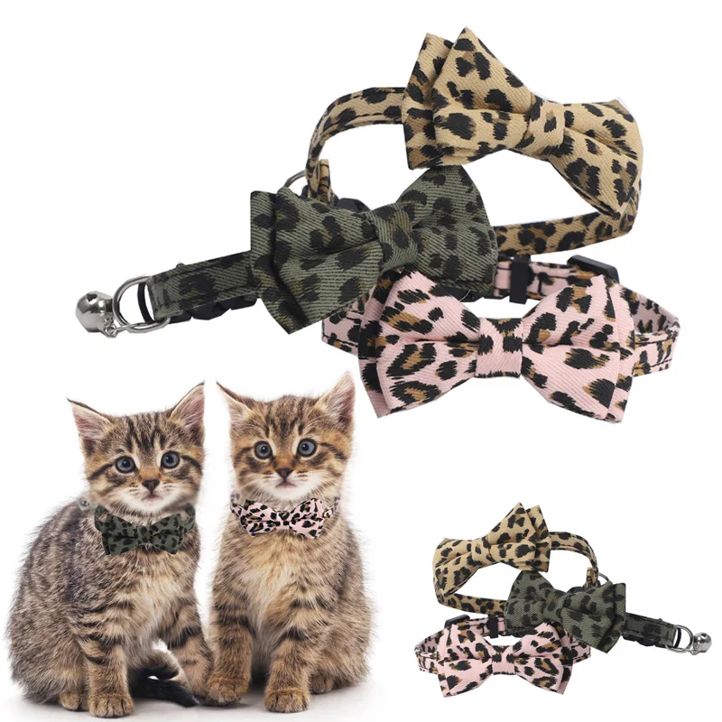

Leopard Pattern Bowknot Cat Collar Adjustable Buckle Kitten Necklace with Bells Puppy Chihuahua Collars Pets Supplies
