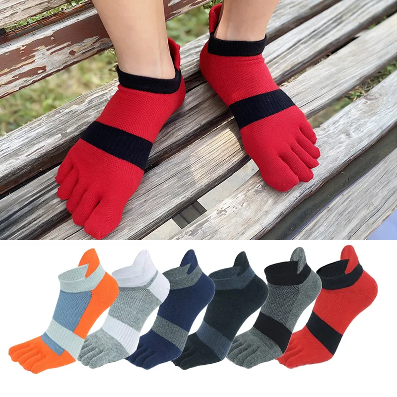 5 Pairs Large Size 5 Finger Socks Ankle Sport Cotton Mens Striped Mesh Breathable Shaping Anti Friction No Show Toes Socks