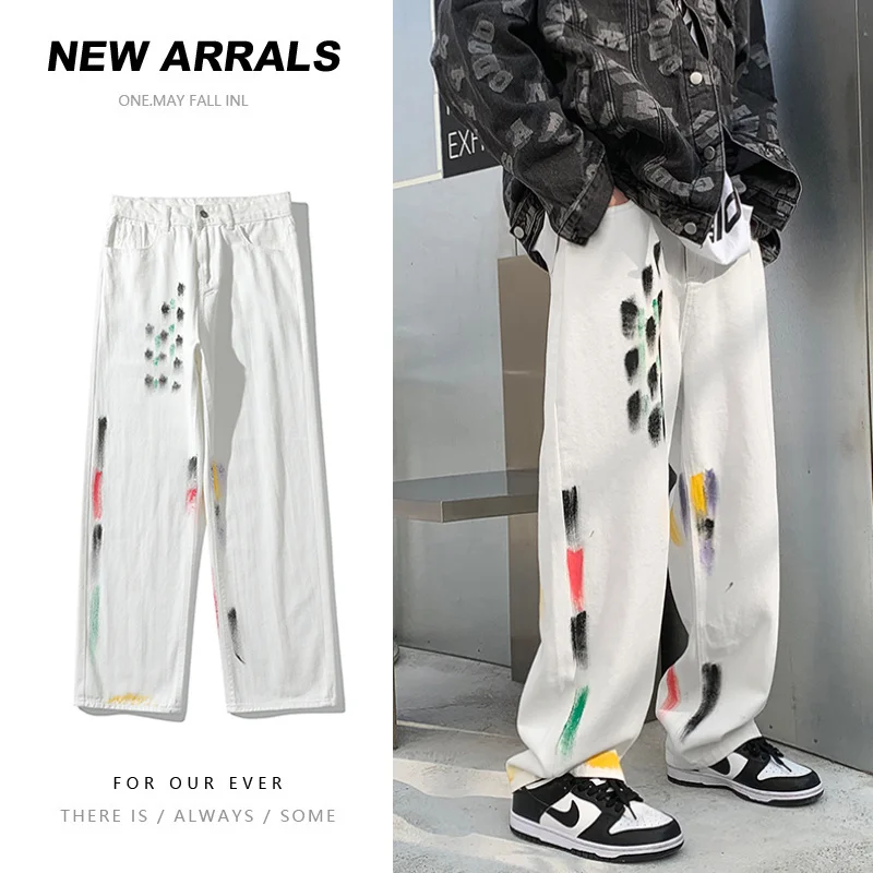 

Черные/белые мужские модные повседневные мешковатые джинсы, мужские уличные свободные прямые джинсовые брюки в стиле хип-хоп, мужские брюк...