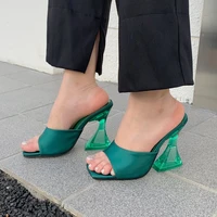2022 summer luxury women pvc transparent heels slippers 8cm crystal high heels slides green orange peep toe slip on slides shoes