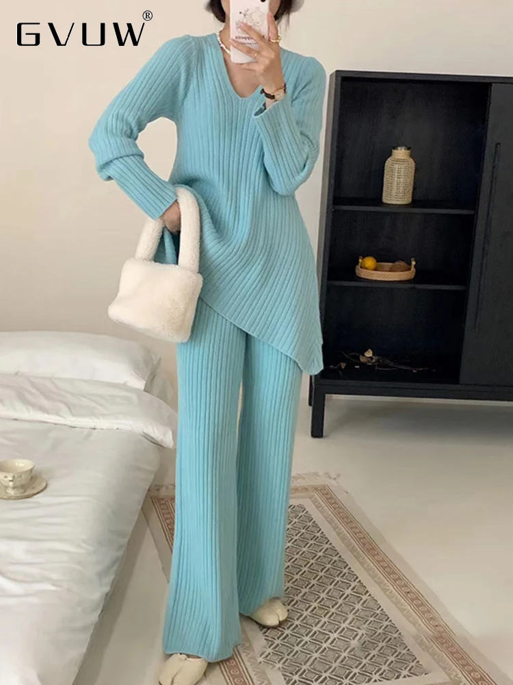 

GVUW Elegant Knitted Sweater Wide Leg Pants Set Women's V-neck Pullover Straight Trousers Fashion Two-piece Sets Female 17G2143
