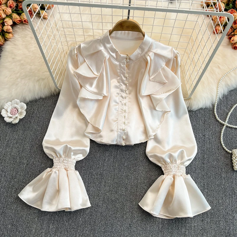 

Women 2022 spring new Spring and autumn ruffled round neck buttoned ladies temperament trumpet sleeves blouse tops female D0489