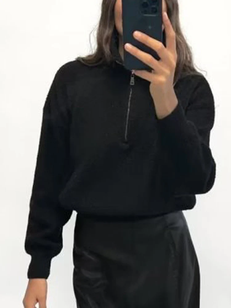 

Женский вязаный свитер на молнии, однотонный пуловер с отложным воротником, в винтажном стиле, Осень-зима 2023