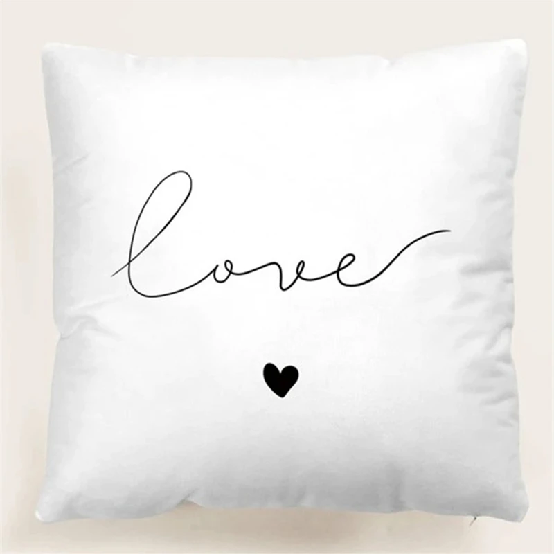 

Valentines Day Decor Art Letter Love Heart Print Cushion Cover For Sofa Car Seat Simple White Short Plush Throw Pillow Case