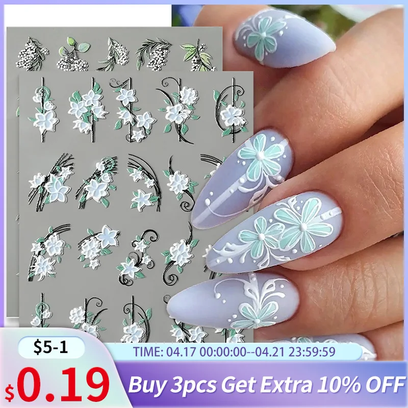 

Harunouta 5D Embossed Nail Stickers White Lily of the Valley Tulip Leaves Lines Gel Polish Decals Wedding Flower Engraved Slider