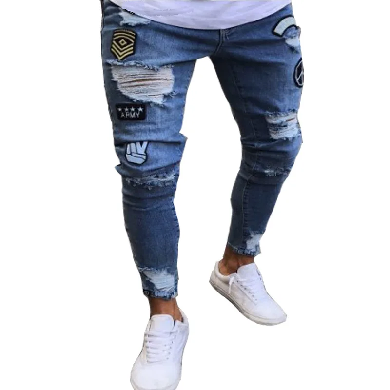 Fashion Embroidery Hole Slim Jeans For Men Casual Hip Hop Streetwear Patch Frayed Brand Denim Pencil Pants 207