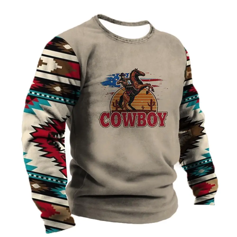 

Vintage Men's T Shirt Tops Western Cowboy Print Harajuku Clothes Men Unisex Oversized Pullover 2023 New Daily Long Sleeve Tees