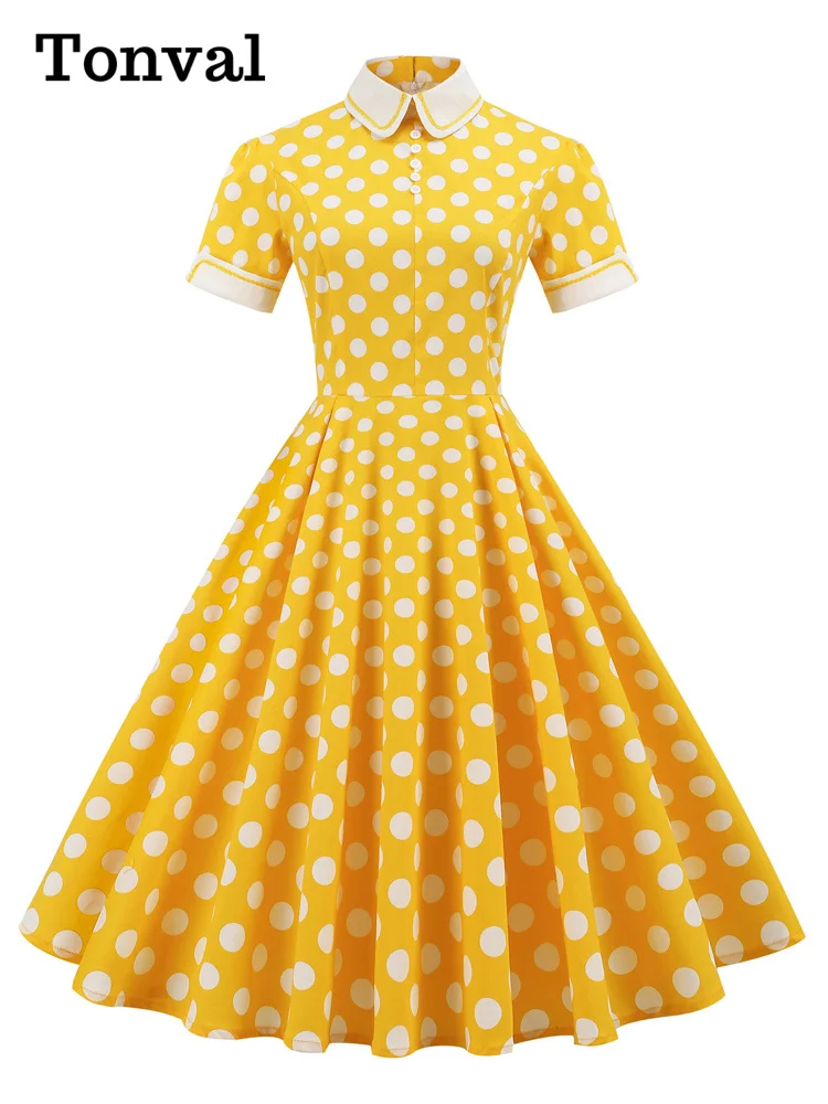 

Tonval Peter Pan Collar Vintage Yellow Elegant Polka Dot Summer Dresses for Women Short Sleeve Pockets A-Line Midi Dress
