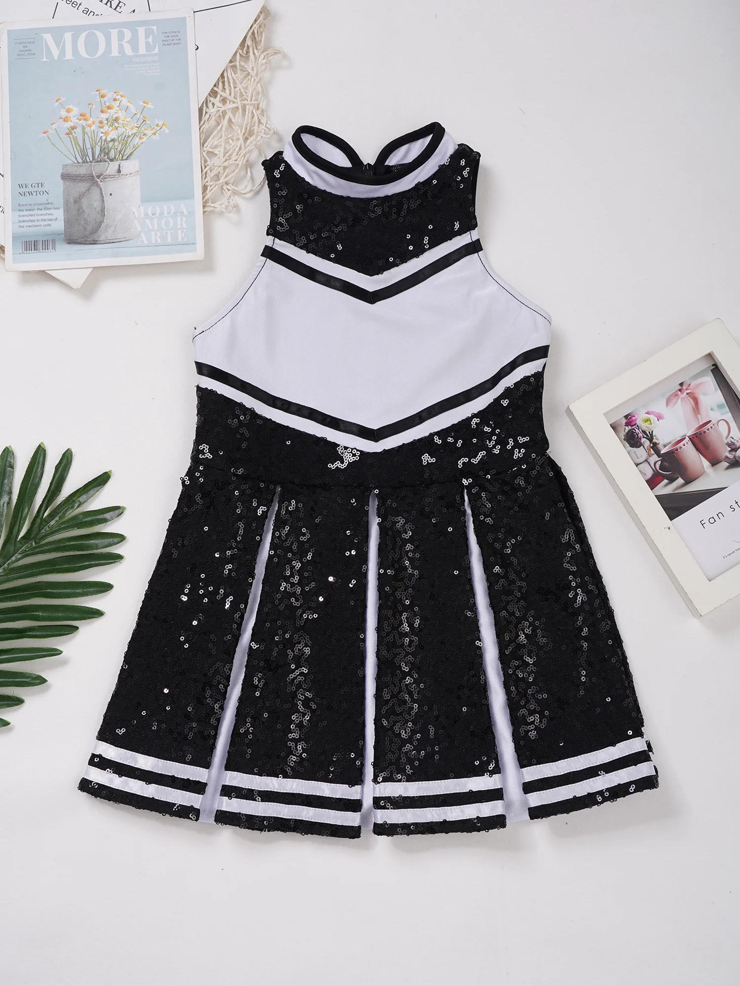 

Kids Girls Cheerleading Dance Dress Stylish Clothing Sleeveless Sequins Decor Patchwork Style Invisible Zipper Back dancewear