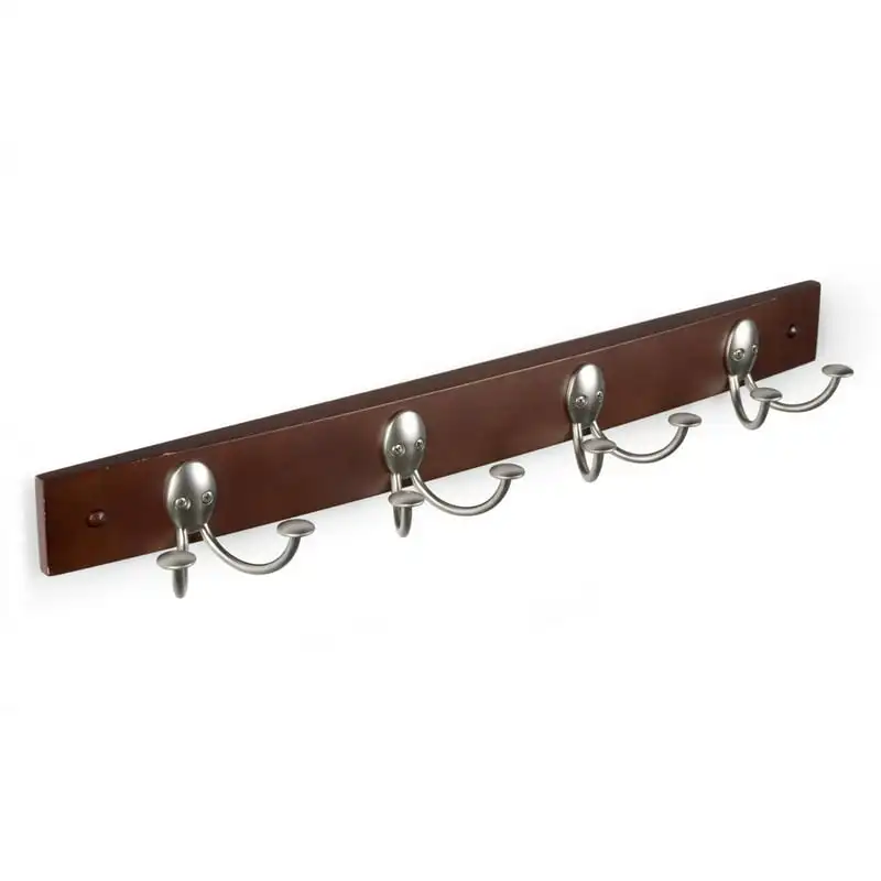 

4 Double-Hook Walnut Wall Coat Rack