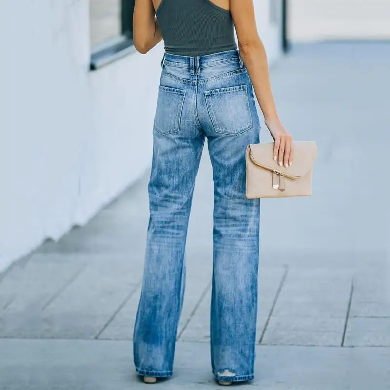 2023 Women's Jeans Blue High Waist Jean Fashion Street Wear Hole Bell-Bottoms Loose Pocket Straight Leg Wide Leg Pants
