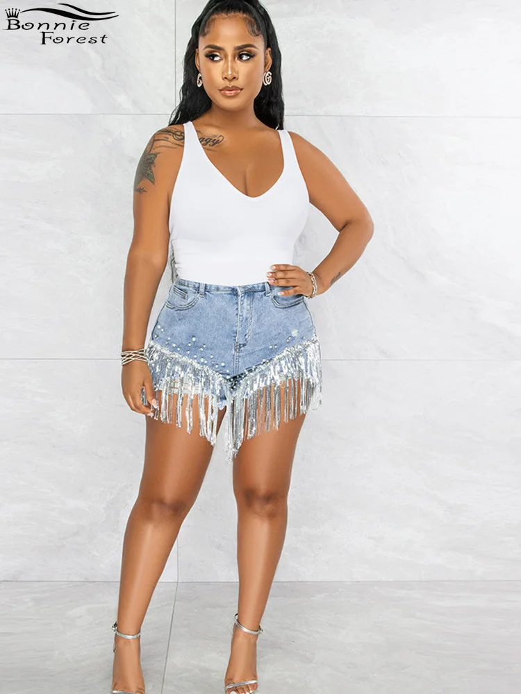 

Bonnie Forest Fashion Light Denim Pearls Sequins Fringe Shorts Summer Women High Waist Pocket Details Jeans Shorts Sexy Clubwear