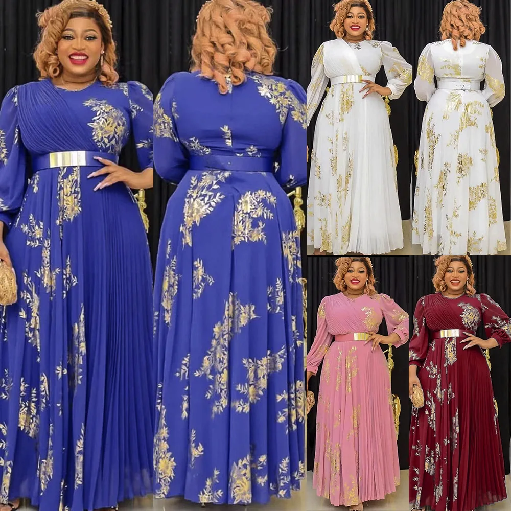 

Новинка 2023, вечернее платье в африканском стиле для женщин, платья с принтом, плиссированная юбка с длинным рукавом и поясом, элегантные жен...