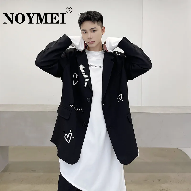 

NOYMEI Autumn New Personalized Printed High Street Suit Korean Fashion Single Breasted Black Turn-down Collar Men's Blazer WA490