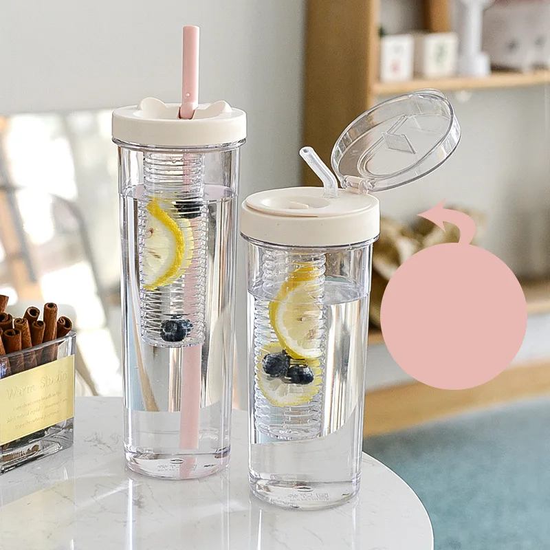 

800ML Cute Water Bottle With Straw Lid Water Bottle Fruit Tea Built-in Filter Cup Portable Office Drinkware Outdoor Shaker