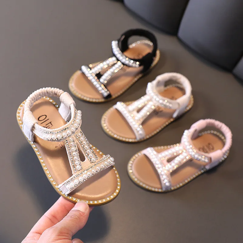 

2022 Casual Roman Style Sandals For Girls Pearls Rhinestones Open Toe Flat Slippers Outdoor Beach Shoes Children Summer Footwear