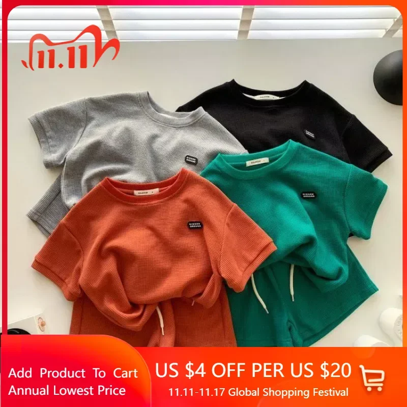 

2023 Summer Baby Cotton Clothes Boy Girl Short Sleeve Tshirts Shorts Crop Set Kids Solid Top and Pants Outfits Child Loungewear