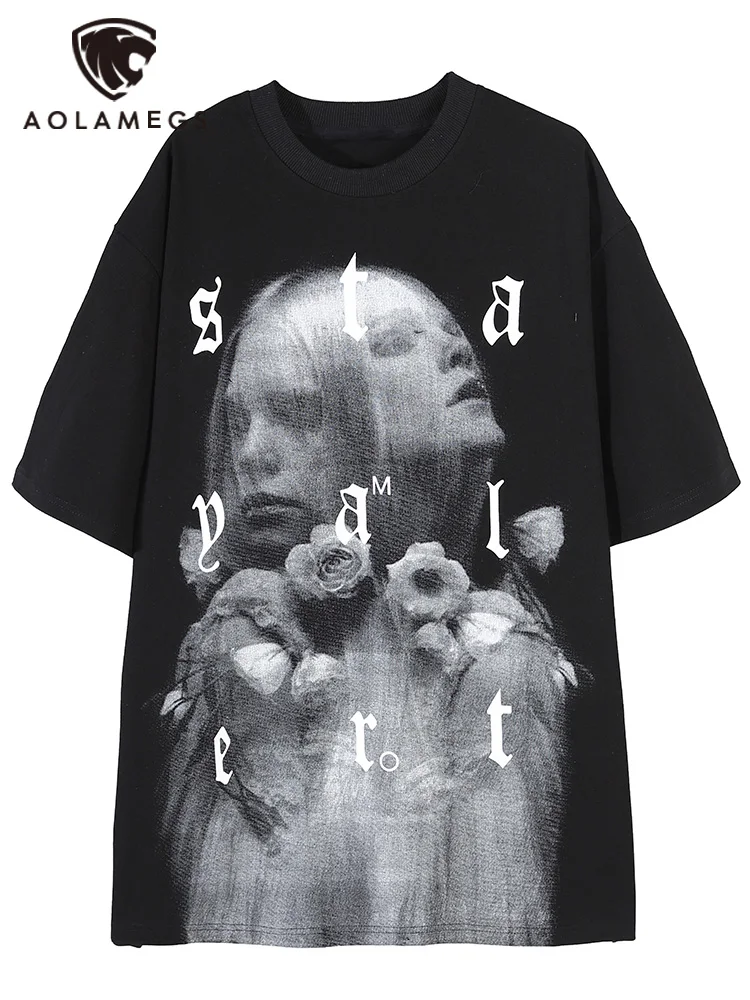

Aolamegs Men Esthetics Floral Girl Print Cotton Oversized T-shirt Men Harajuku Retro Fashion Casual Short Sleeve Tops Tee Summer