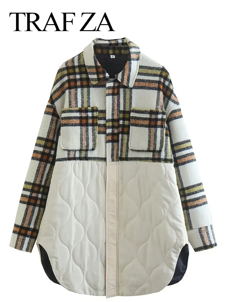 

TRAF ZA Fashion Women's Cotton Coats Panelled Contrast Casual Loose Long Sleeve Lapel Zipper Jackets Autumn Female Streetwear