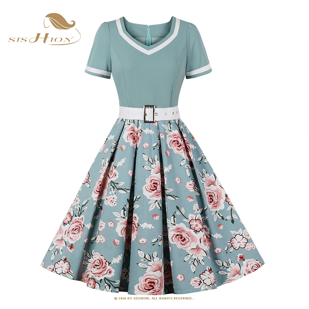 

Женское винтажное плиссированное платье SISHION в стиле 50-х годов, Элегантное летнее платье в стиле рокабилли с высокой талией и поясом, VD3806