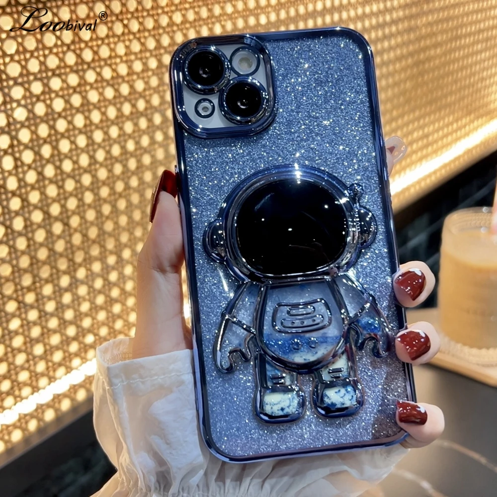 Cartoon Astronaut Quicksand Case For iPhone 13 12 11 Pro Max X Xr Xs 8 7 Plus Liquid Glitter Plating Lens Film Transparent Cover