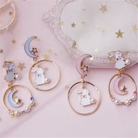 japanese style moon star bunny drop earrings pierced or clip on rabbit earring easter jewelry gift for women girl blue pink