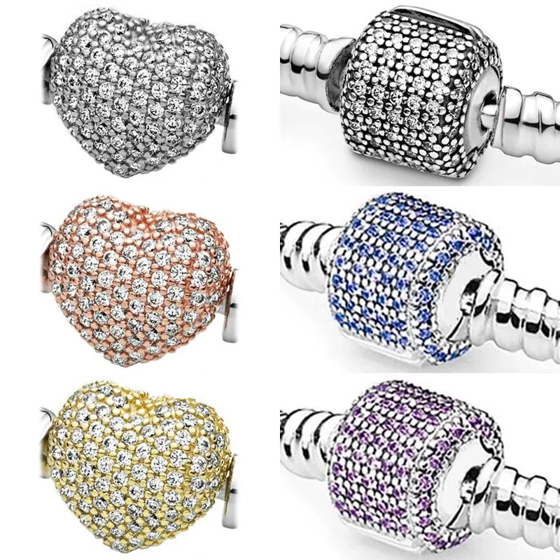 

Original Sparkling Love Heart & Signature Barrel Clasp Fit 925 Sterling Silver Bracelet Bangle Bead Charm Europe DIY Jewelry